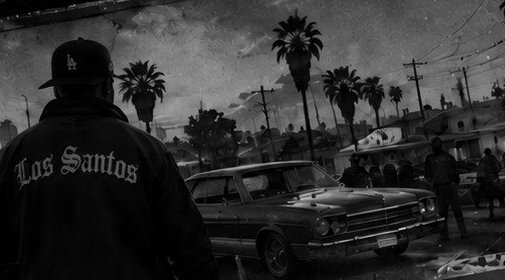 Un homme de dos en veste Los Santos devant une voiture ancienne
